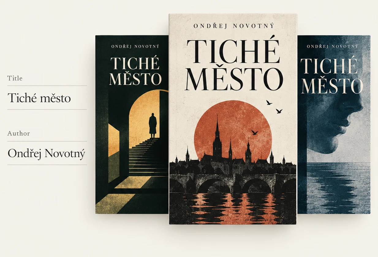 Example: a title and an author turn into three cover designs, the chosen one in the middle.