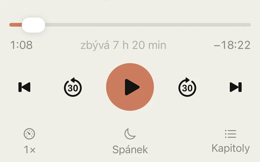 Player controls: chapter scrubber, 30 second skips, speed, sleep and chapters