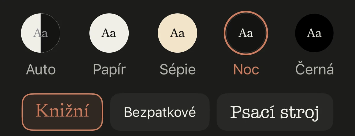 Reader appearance: font size, Auto, Paper, Sepia, Night and Black papers, Book, Sans and Typewriter fonts