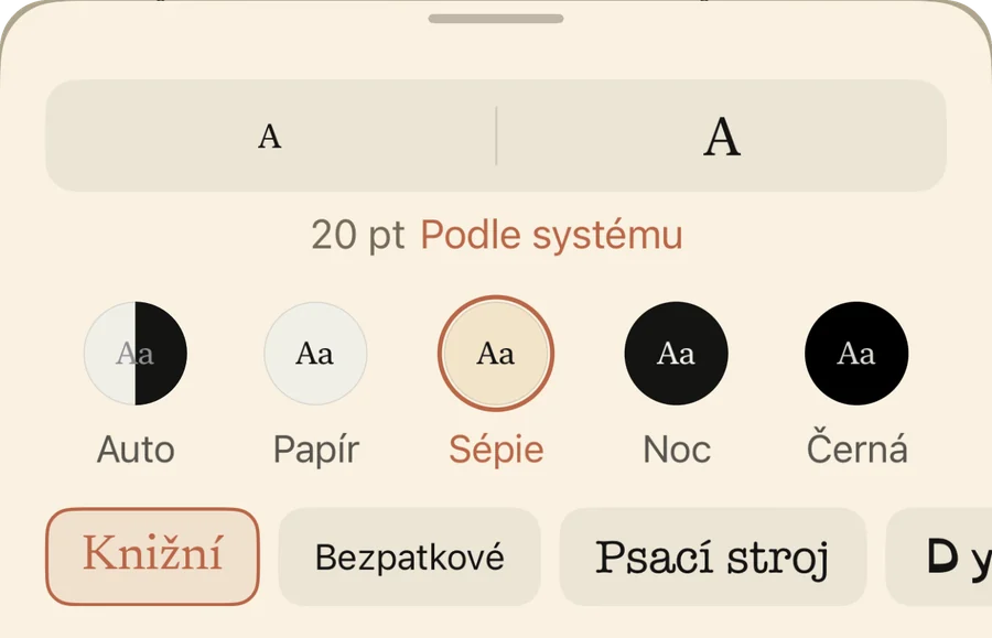 Reader appearance: font size, Auto, Paper, Sepia, Night and Black papers, Book, Sans and Typewriter fonts